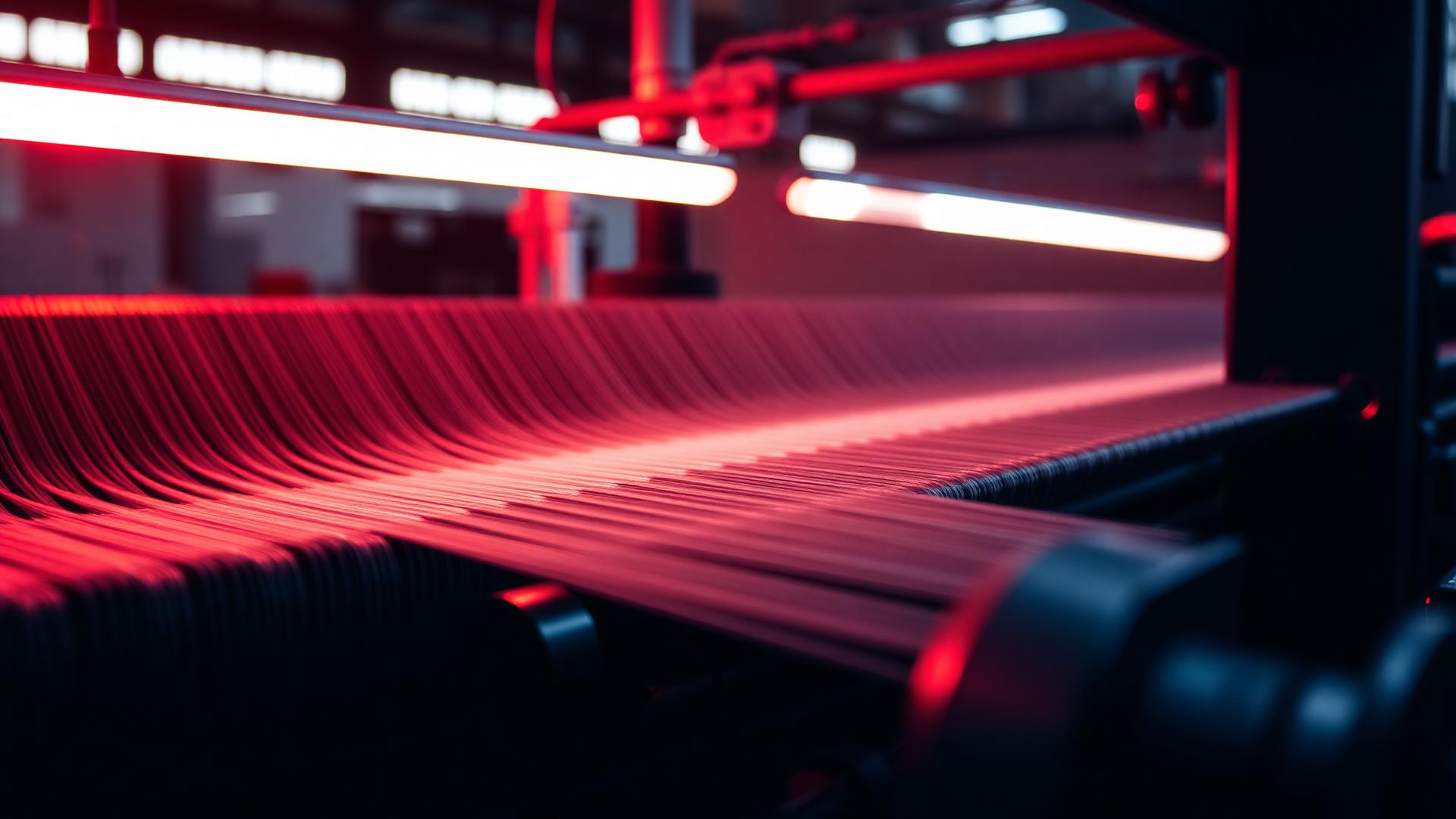 Industrial weaving loom in motion