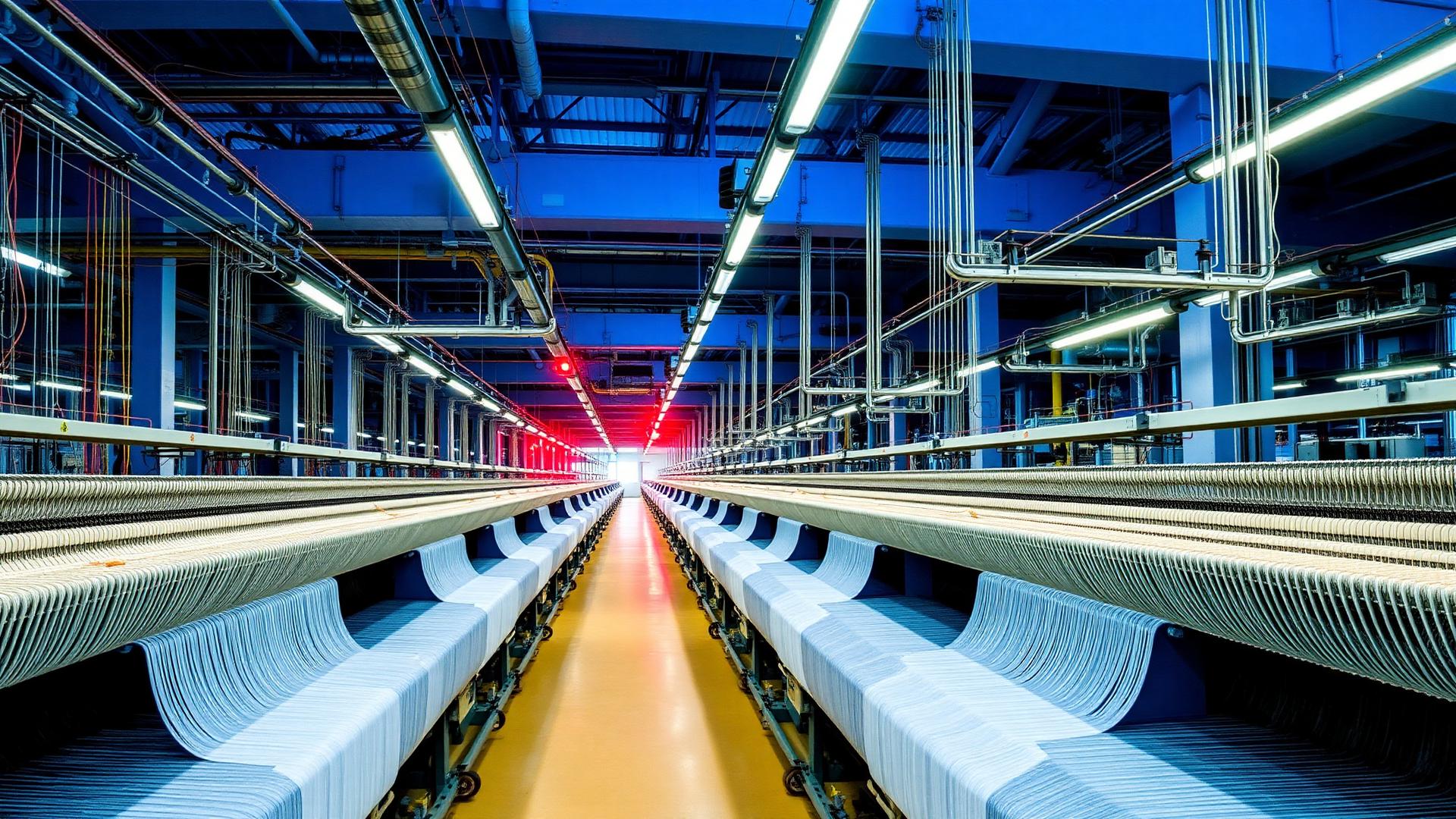 Rows of weaving looms in a modern textile mill